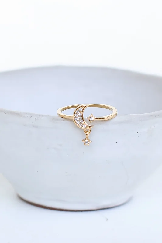 Luxury Meets Affordability – Jewelry Sale Now Live FINAL SALE - Raven Gold Rhinestone Moon + Star Ring