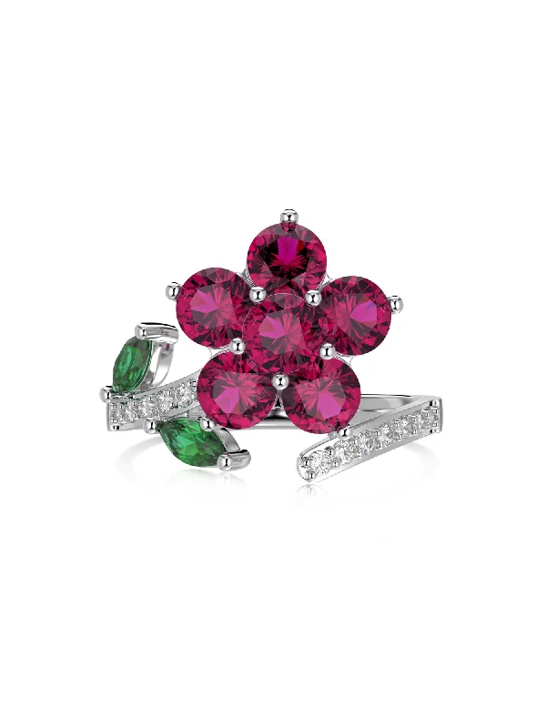 Affordable Luxury Jewelry For Every Occasion Red Flower Green Leaves 925 Silver Wrap Ring