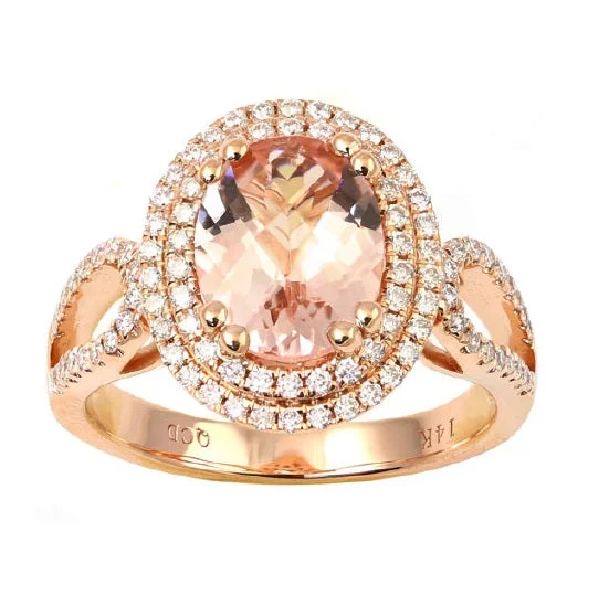 Shop Dazzling Rings, Earrings, And More At Special Discounts 10X8MM Oval Morganite and Diamond Halo Engagement Ring in 14KT Rose Gold Shop Dazzling Rings, Earrings, And More At Special Discounts 10X8MM Oval Morganite and Diamond Halo Engagement Ring in 14KT Rose Gold