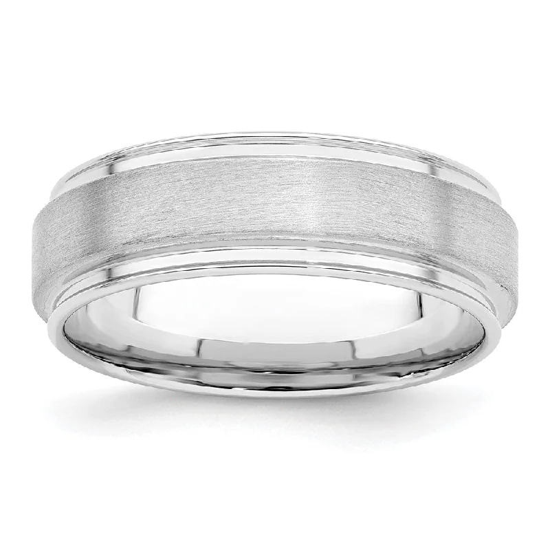 7mm Rhodium Plated Sterling Silver Brushed Flat Grooved Edge Band