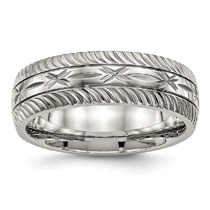 7mm Stainless Steel Diamond Cut Carved Standard Fit Band