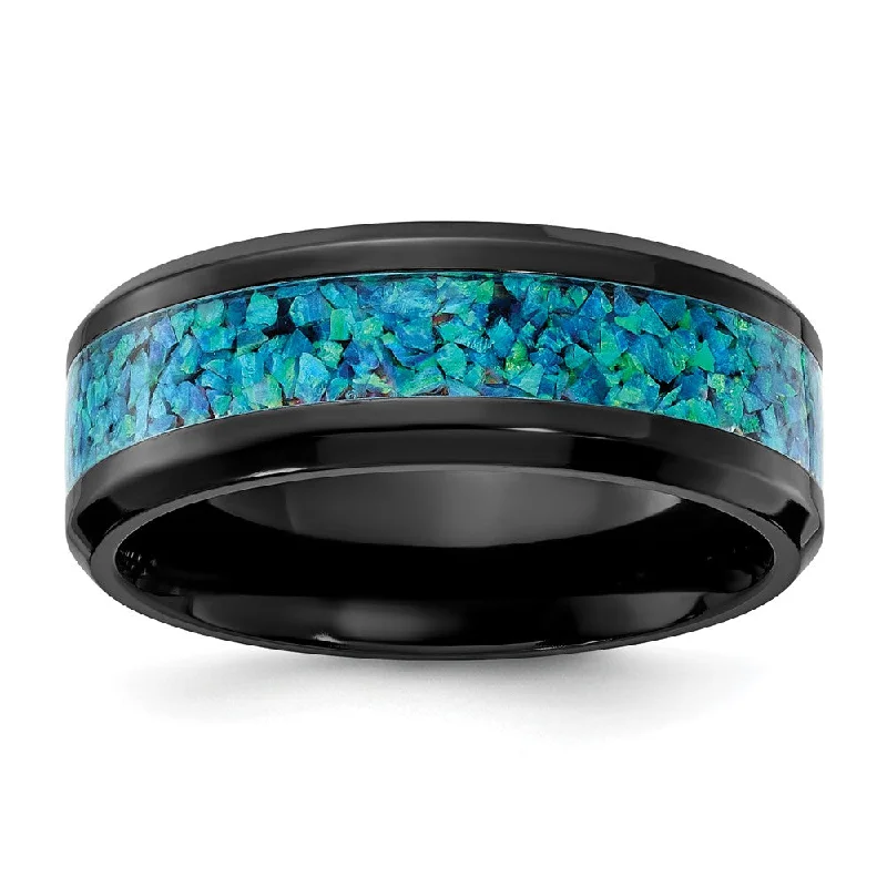 8mm Black Zirconium Blue Imitation Opal Inlay Standard Fit Band