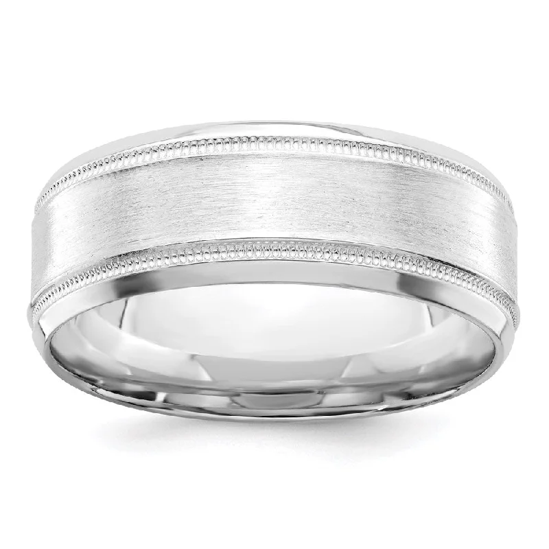Elegant Jewelry, Exclusive Prices – Shop Now 8mm Rhodium Plated Sterling Brushed Flat Milgrain & Beveled Edge Band