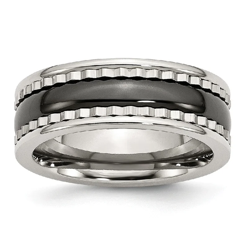 Discounted Jewelry For A Glamorous Look 8mm Sawtooth Accent Stainless Steel and Black Ceramic Band