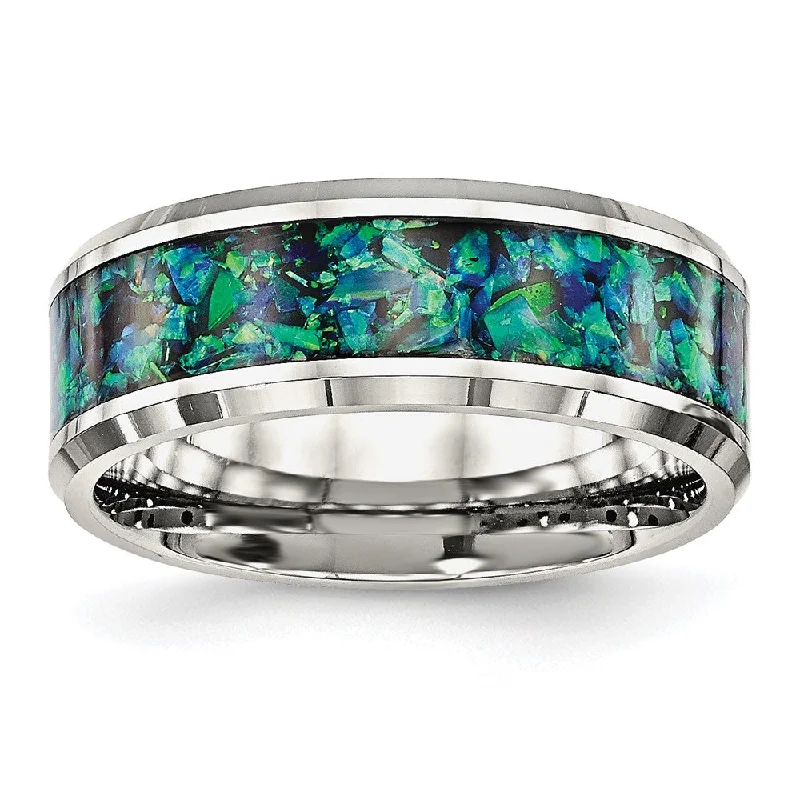 Limited-Stock Jewelry Sale – Once It's Gone, It's Gone 8mm Stainless Steel Blue Imitation Opal Inlay Comfort Fit Band