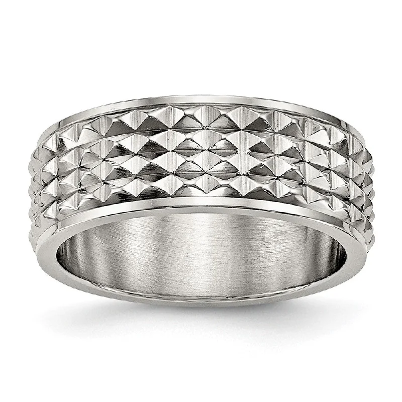Exclusive Jewelry Offers – Sparkle For Less 8mm Stainless Steel Polished Studded Ridge Edge Standard Fit Band