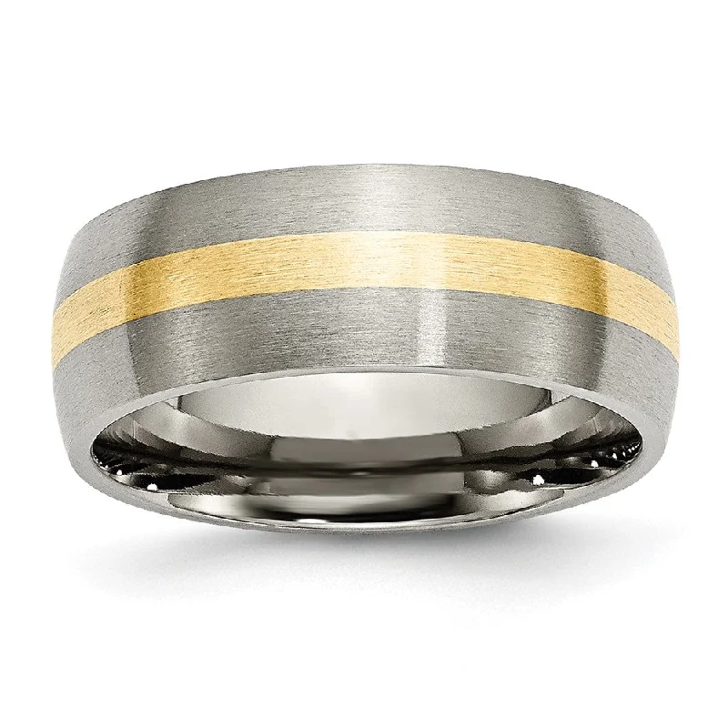 Limited-Stock Jewelry Sale – Once It's Gone, It's Gone 8mm Titanium & 14k Gold Inlay Brushed Domed Standard Fit Band