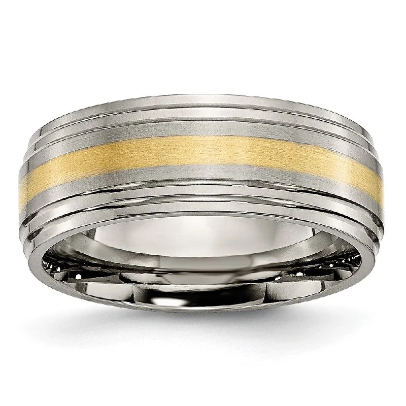 Special Jewelry Deals – Upgrade Your Collection 8mm Titanium & 14k Gold Inlay Flat Double Ridge Edge Standard Fit Band