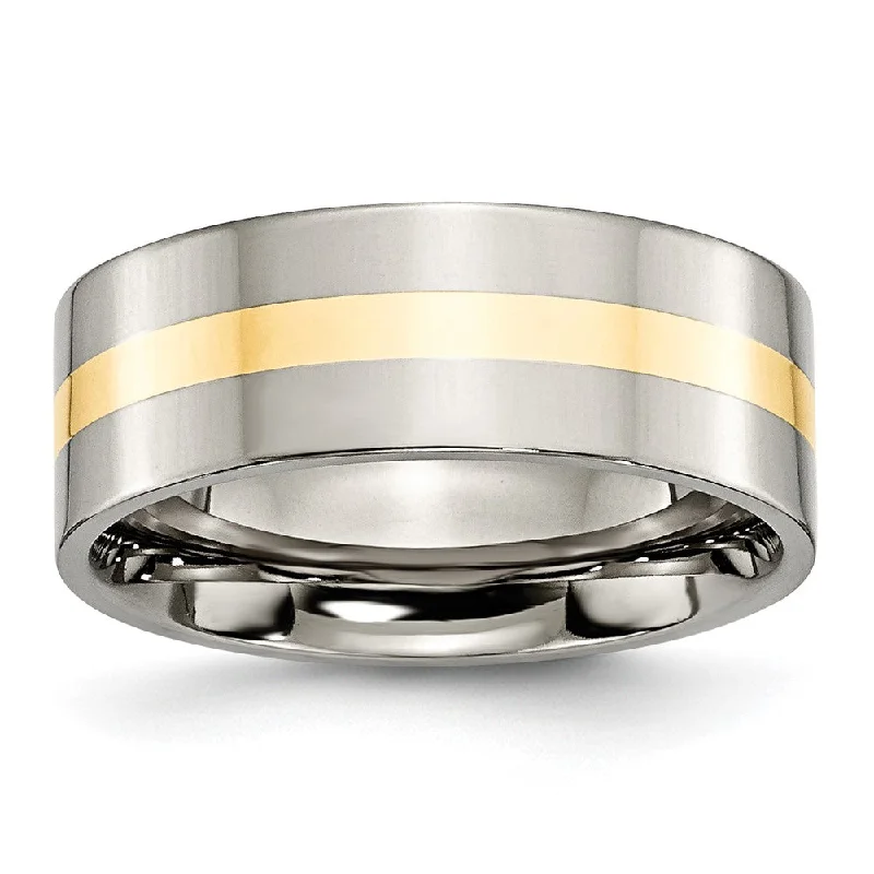 Stunning Jewelry At A Fraction Of The Price 8mm Titanium & 14k Gold Inlay Polished Flat Standard Fit Band