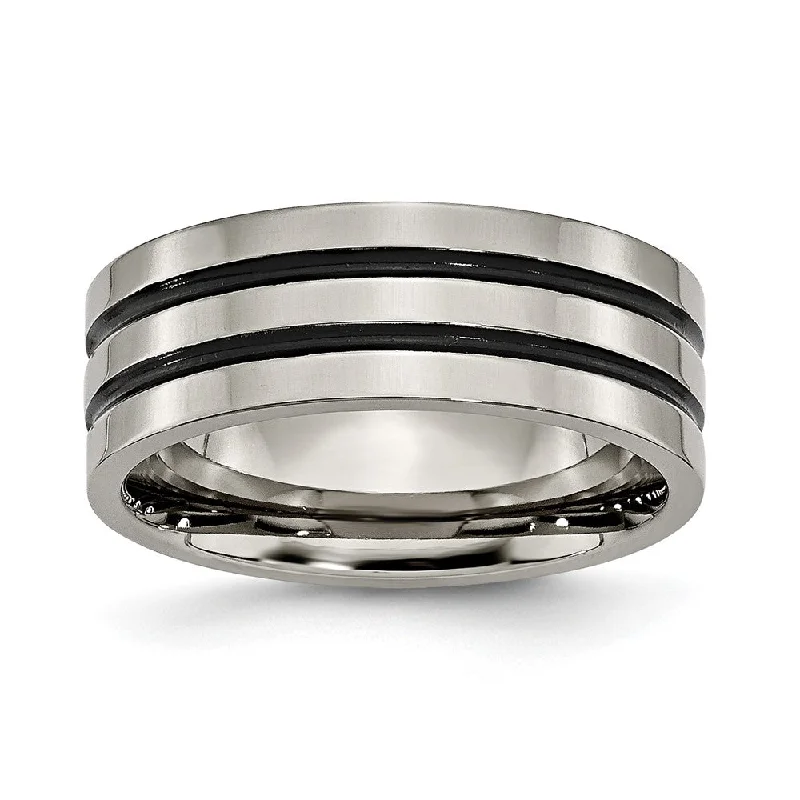 Don't Miss Our Biggest Jewelry Sale Of The Season 8mm Titanium & Black Enamel Polished Grooved Flat Standard Fit Band