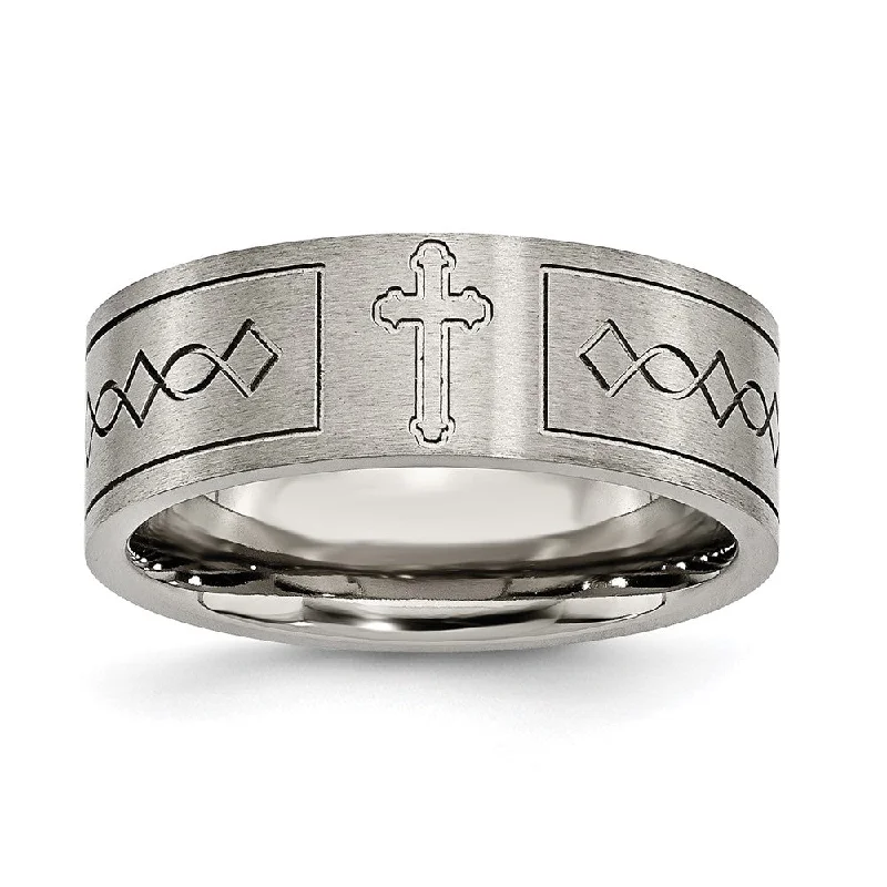 High-Quality Jewelry At A Fraction Of The Cost 8mm Titanium Brushed Cross Design Flat Standard Fit Band High-Quality Jewelry At A Fraction Of The Cost 8mm Titanium Brushed Cross Design Flat Standard Fit Band