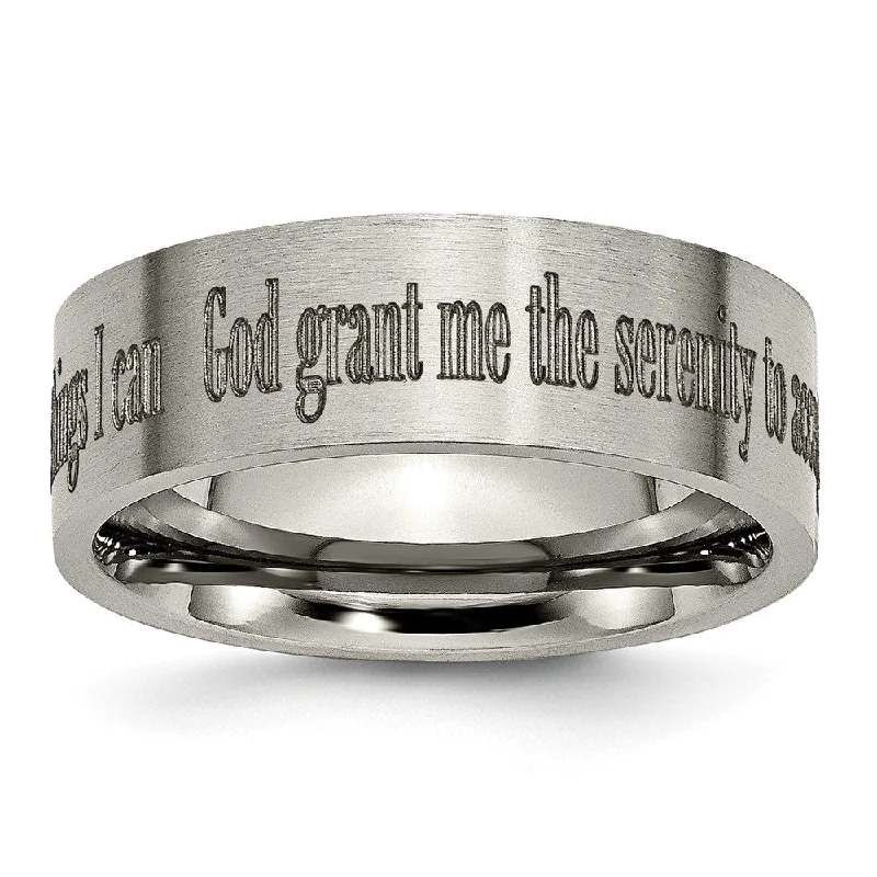 Chic, Trendy, And Affordable Jewelry Sale 8mm Titanium Brushed Serenity Prayer Flat Standard Fit Band Chic, Trendy, And Affordable Jewelry Sale 8mm Titanium Brushed Serenity Prayer Flat Standard Fit Band