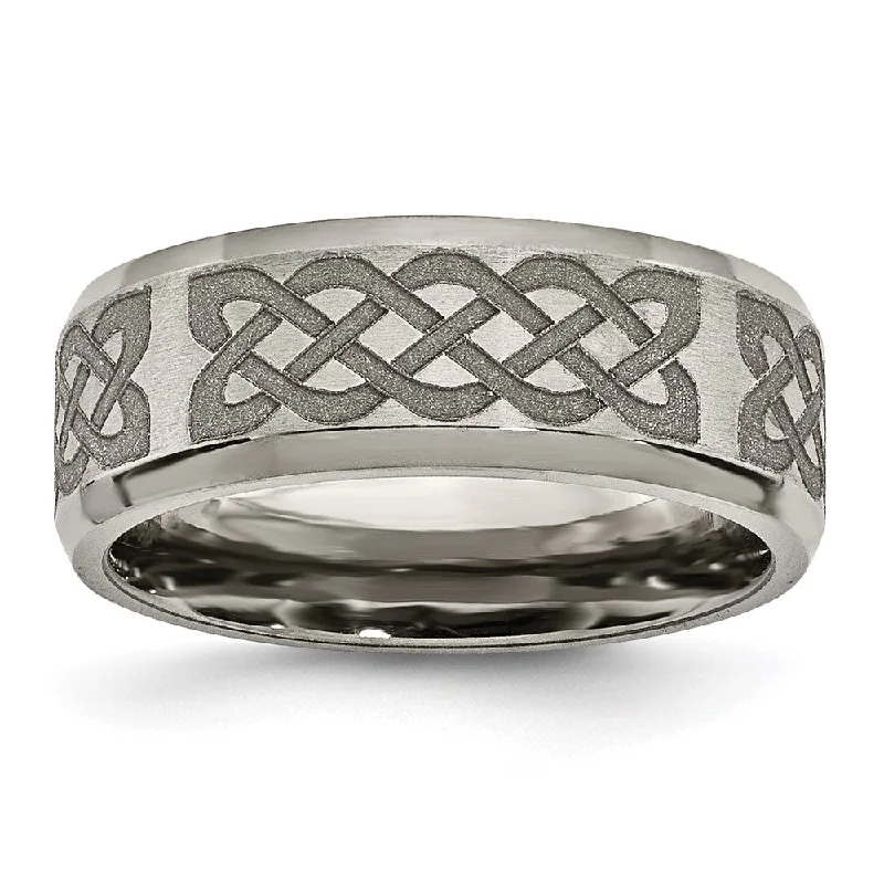Unmissable Jewelry Sale – Shop Before It's Too Late 8mm Titanium Celtic Laser Etched Design Beveled Standard Fit Band Unmissable Jewelry Sale – Shop Before It's Too Late 8mm Titanium Celtic Laser Etched Design Beveled Standard Fit Band