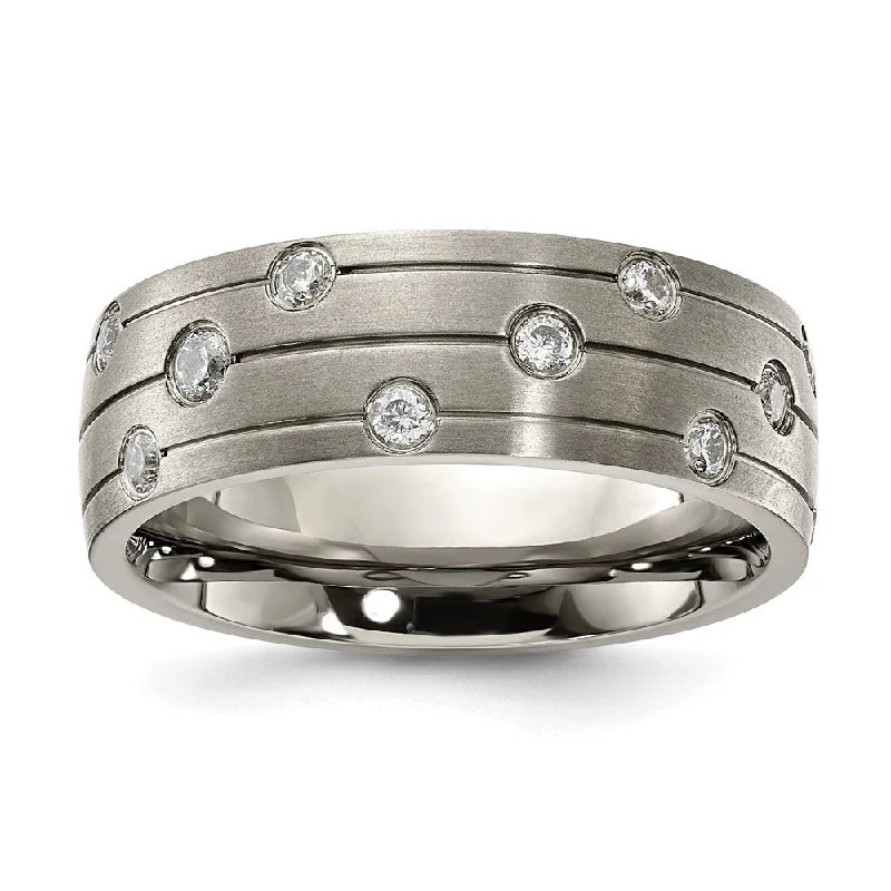 Last Chance To Grab Your Favorite Jewelry At A Discount 8mm Titanium & CZ Brushed & Grooved Standard Fit Band