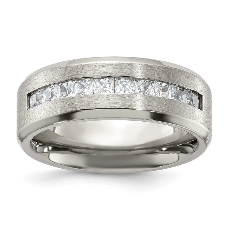 Chic And Stylish Jewelry At Exclusive Prices 8mm Titanium & CZ Brushed & Polished Beveled Standard Fit Band