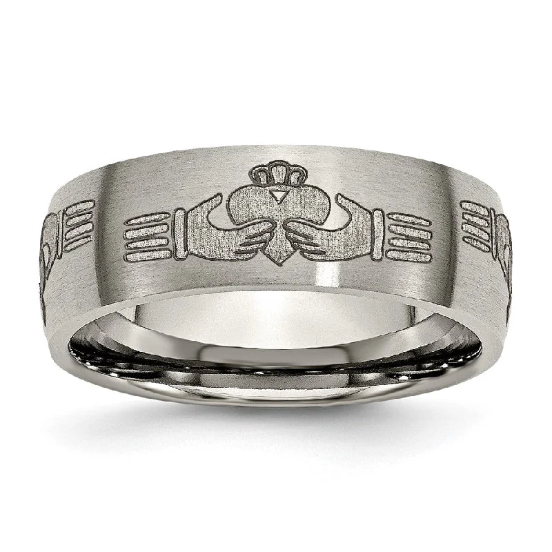 Exclusive Jewelry Sale Event – Shop Now 8mm Titanium Etched & Brushed Claddagh Domed Standard Fit Band Exclusive Jewelry Sale Event – Shop Now 8mm Titanium Etched & Brushed Claddagh Domed Standard Fit Band