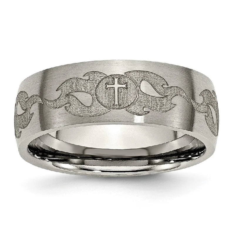 Timeless Beauty, Unbeatable Deals – Jewelry Sale On 8mm Titanium Etched/Brushed Cross & Flames Domed Standard Fit Band Timeless Beauty, Unbeatable Deals – Jewelry Sale On 8mm Titanium Etched/Brushed Cross & Flames Domed Standard Fit Band