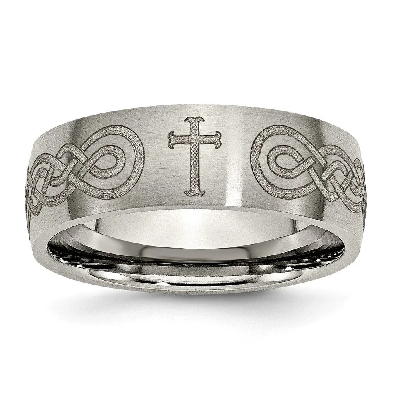 Flash Deals On Fine Jewelry – Shop Before It's Gone 8mm Titanium Etched/Brushed Cross/Scroll Domed Standard Fit Band Flash Deals On Fine Jewelry – Shop Before It's Gone 8mm Titanium Etched/Brushed Cross/Scroll Domed Standard Fit Band