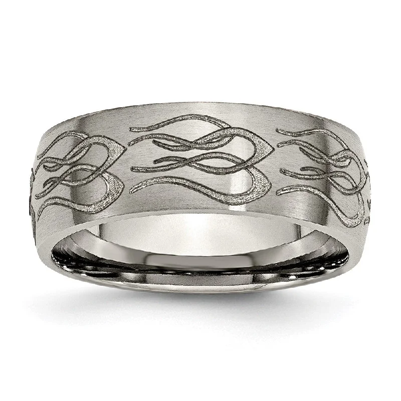 Elegant Jewelry Styles At Budget-Friendly Prices 8mm Titanium Etched & Brushed Flames Domed Standard Fit Band Elegant Jewelry Styles At Budget-Friendly Prices 8mm Titanium Etched & Brushed Flames Domed Standard Fit Band