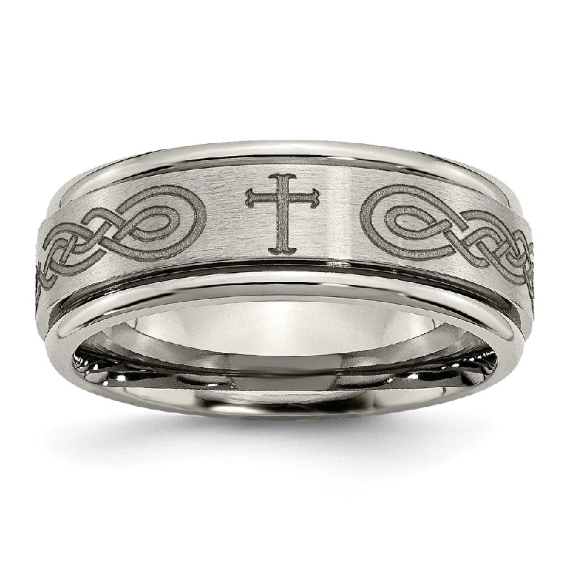 The Biggest Jewelry Sale Of The Year Is Here 8mm Titanium Etched Cross & Scroll Grooved Edge Standard Fit Band The Biggest Jewelry Sale Of The Year Is Here 8mm Titanium Etched Cross & Scroll Grooved Edge Standard Fit Band