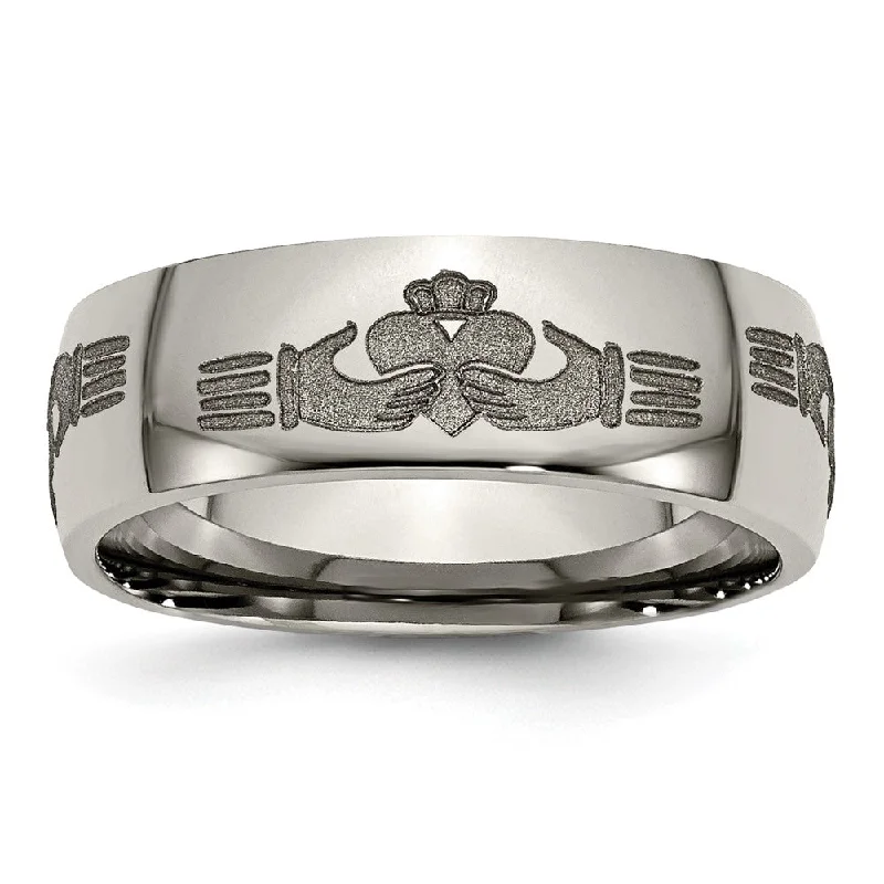 High-End Jewelry, Now More Affordable Than Ever 8mm Titanium Etched & Polished Claddagh Domed Standard Fit Band High-End Jewelry, Now More Affordable Than Ever 8mm Titanium Etched & Polished Claddagh Domed Standard Fit Band