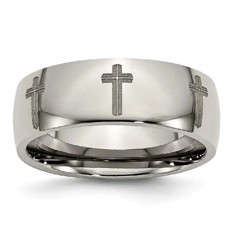 Shop Jewelry That Shines Without The High Price 8mm Titanium Etched & Polished Cross Domed Standard Fit Band Shop Jewelry That Shines Without The High Price 8mm Titanium Etched & Polished Cross Domed Standard Fit Band