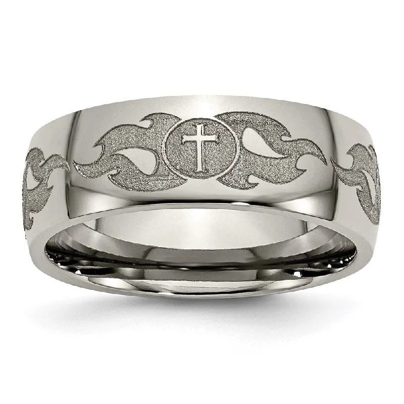 Best Jewelry Sale – Shop Exclusive Designs Now 8mm Titanium Etched/Polished Cross & Flames Domed Standard Fit Band Best Jewelry Sale – Shop Exclusive Designs Now 8mm Titanium Etched/Polished Cross & Flames Domed Standard Fit Band