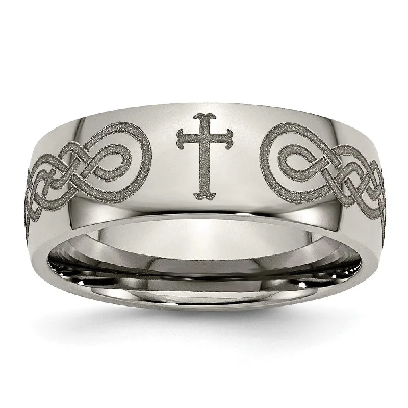 Make Your Outfit Shine With Discounted Jewelry 8mm Titanium Etched/Polished Cross/Scroll Domed Standard Fit Band Make Your Outfit Shine With Discounted Jewelry 8mm Titanium Etched/Polished Cross/Scroll Domed Standard Fit Band