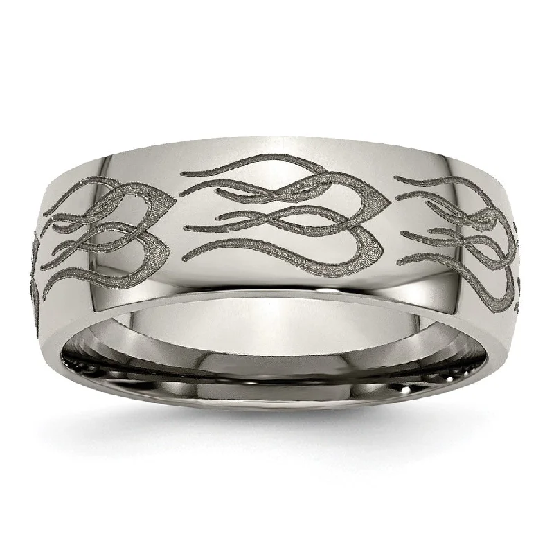 Elegant Jewelry, Affordable Luxury – Shop Now 8mm Titanium Etched & Polished Flames Domed Standard Fit Band Elegant Jewelry, Affordable Luxury – Shop Now 8mm Titanium Etched & Polished Flames Domed Standard Fit Band
