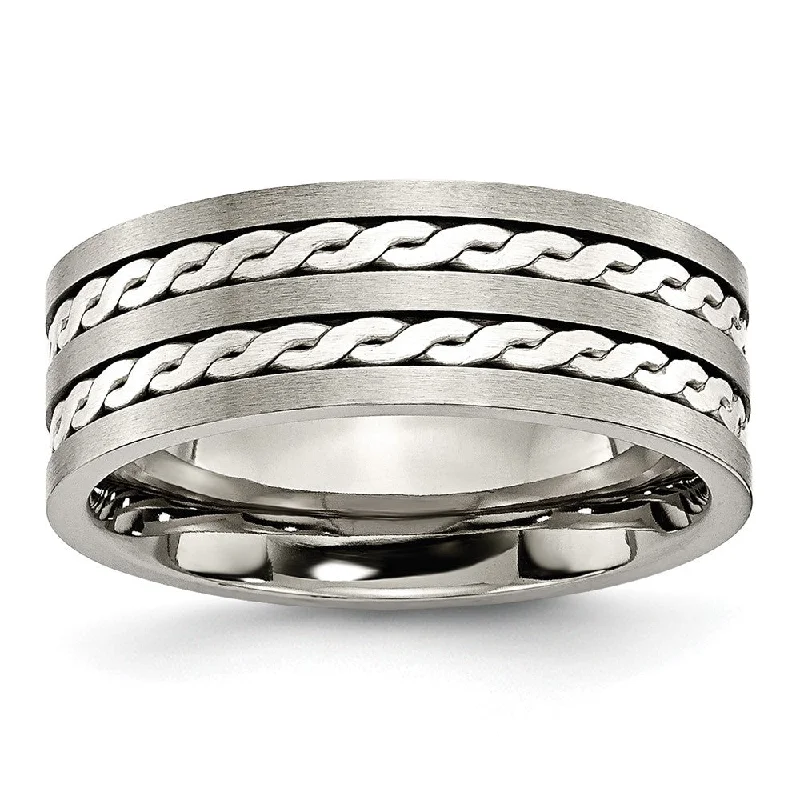 Shop Fine Jewelry With Exclusive Savings 8mm Titanium & Sterling Silver Braided Inlay Flat Comfort Fit Band Shop Fine Jewelry With Exclusive Savings 8mm Titanium & Sterling Silver Braided Inlay Flat Comfort Fit Band