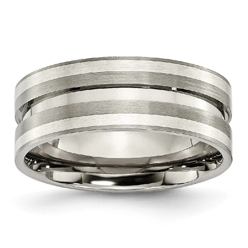 Exclusive Gemstone Jewelry At Special Prices 8mm Titanium & Sterling Silver Inlay Brushed Grooved Standard Fit Band Exclusive Gemstone Jewelry At Special Prices 8mm Titanium & Sterling Silver Inlay Brushed Grooved Standard Fit Band