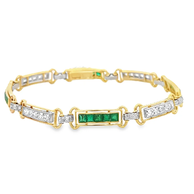 Shop Dazzling Jewelry With Special Promotional Discounts Antique Emerald and Diamond Bracelet in 18k Yellow Gold and Platinum 8.5" Long