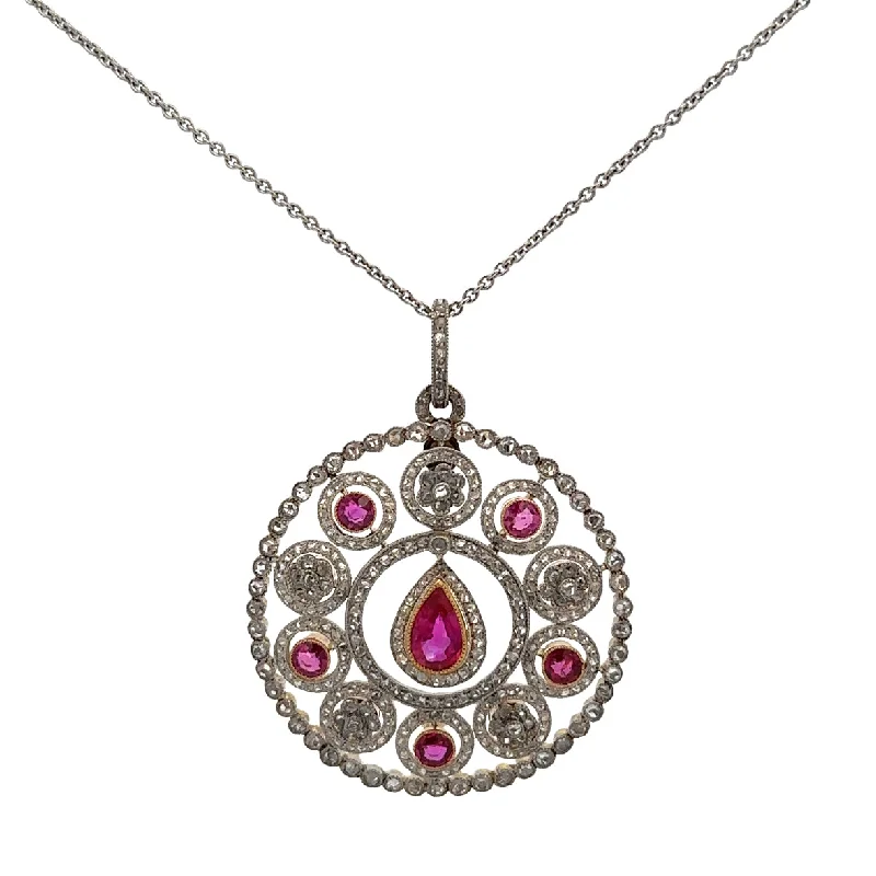 Shine Without Limits – Jewelry Sale Happening Now Antique Victorian Circular No-Heat Burmese Ruby Pendant Necklace in Platinum Topped Gold Shine Without Limits – Jewelry Sale Happening Now Antique Victorian Circular No-Heat Burmese Ruby Pendant Necklace in Platinum Topped Gold