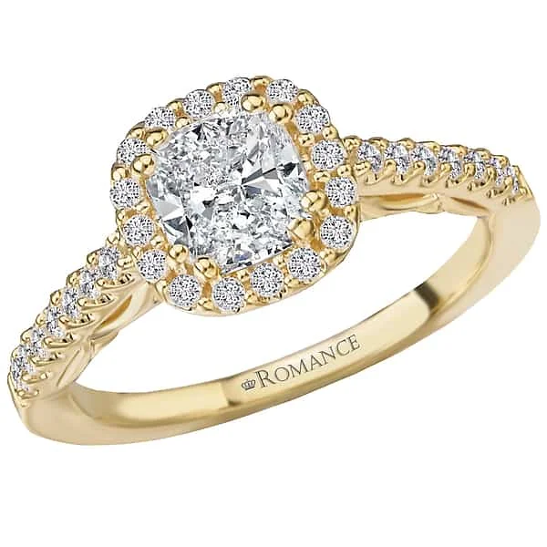 Romance Yellow Gold Cushion Shaped Halo Engagement Ring