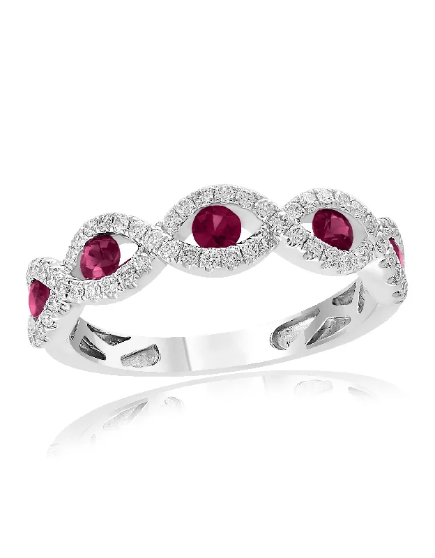 Limited Stock On Premium Jewelry At Low Prices Ruby and Diamond Openwork Band in 18k White Gold Limited Stock On Premium Jewelry At Low Prices Ruby and Diamond Openwork Band in 18k White Gold