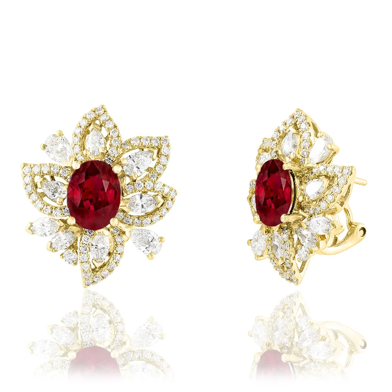 Affordable Luxury Jewelry For Every Occasion Statement Ruby Floral Earrings in 18k Yellow Gold