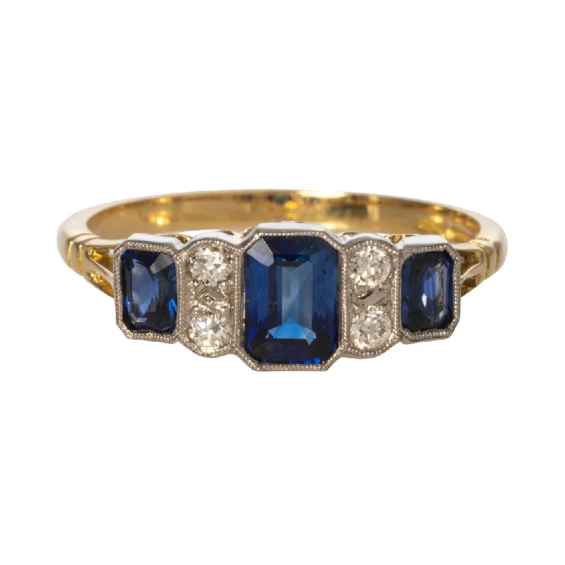 Dazzle In Elegance With Our Biggest Jewelry Sale Art Deco Style Three-Stone Sapphire & Diamond Ring