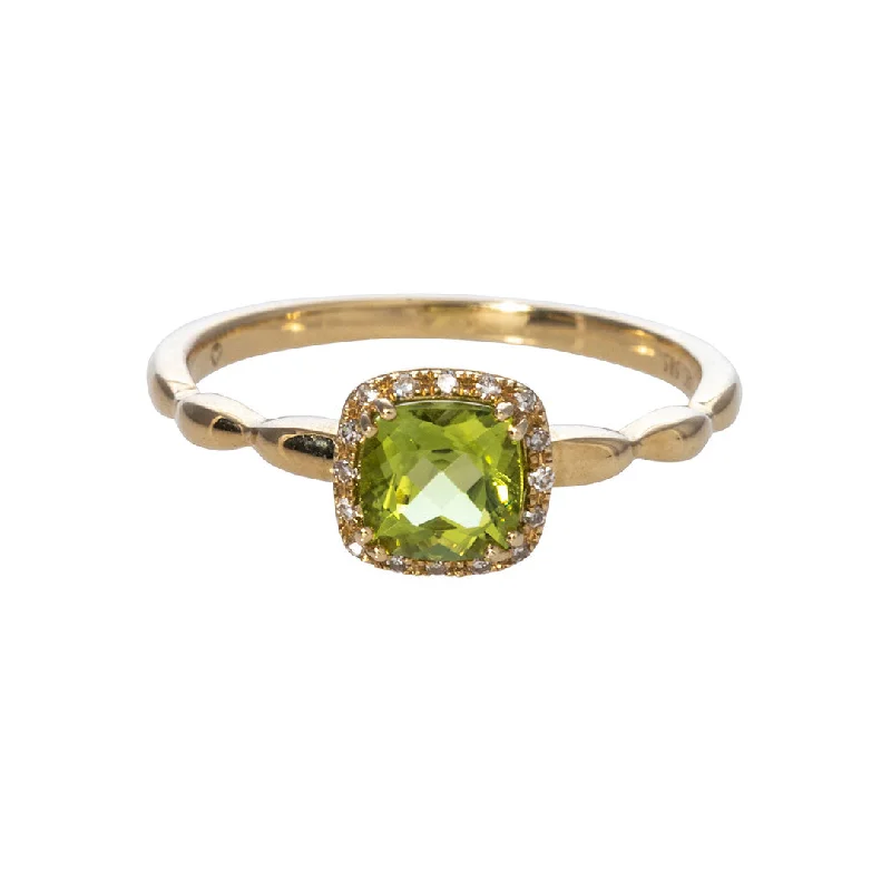 Special Deals On Handcrafted And Designer Jewelry Cushion Peridot & Diamond Halo 14K Yellow Gold Ring