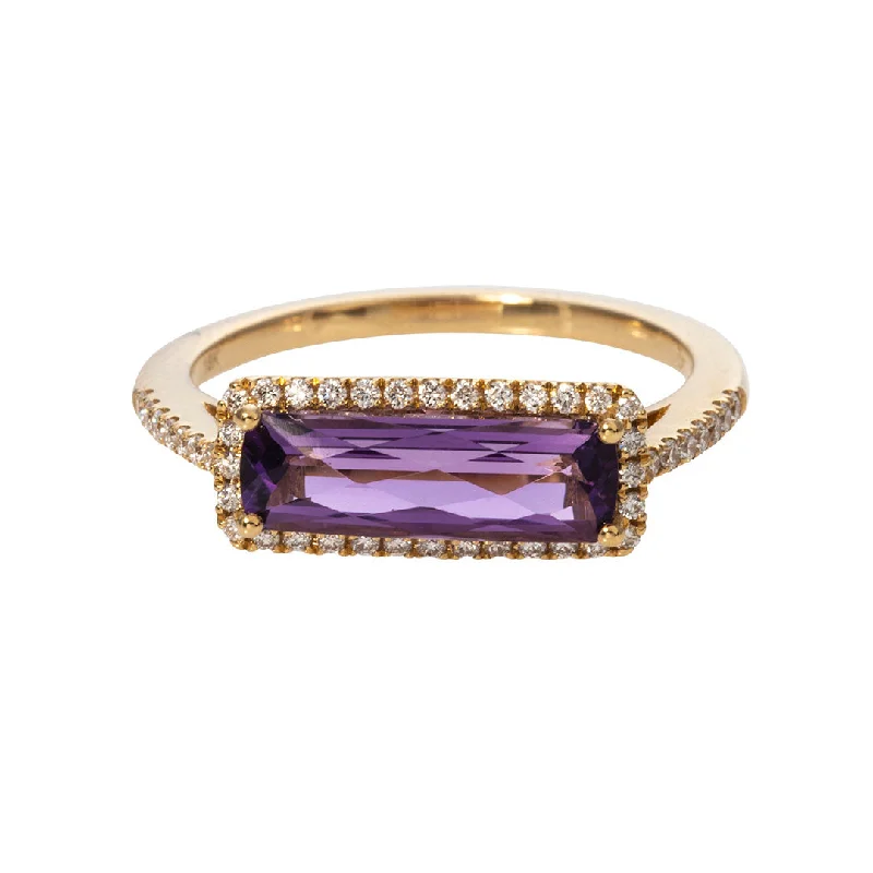 Customized Silver Jewelry For Unique Style Amethyst & Diamond East-West 18K Yellow Gold Ring