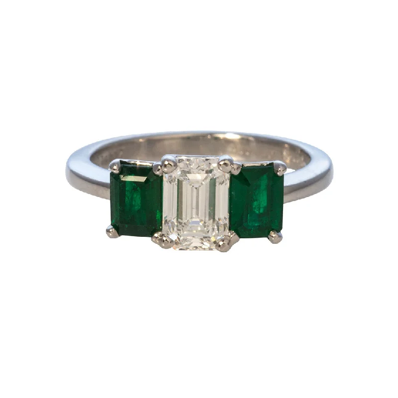 Exclusive Jewelry Offers – Shine For Less 1.13ctw Emerald-Cut Diamond & Emerald Three-Stone Platinum Ring