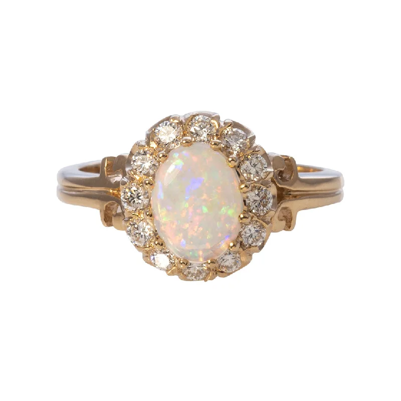 Premium Jewelry Now Available At Special Discounts Oval Opal & Diamond Cluster 14K Yellow Gold Ring