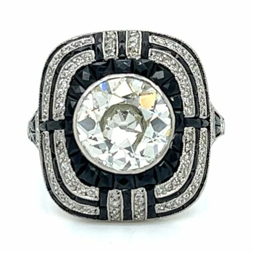 Platinum Ring with European-Cut Diamond, Diamonds and Black Onyx Design