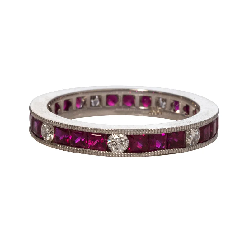 Stunning Jewelry At A Fraction Of The Price Ruby & Diamond Channel Set Milgrain 18K Gold Eternity Band