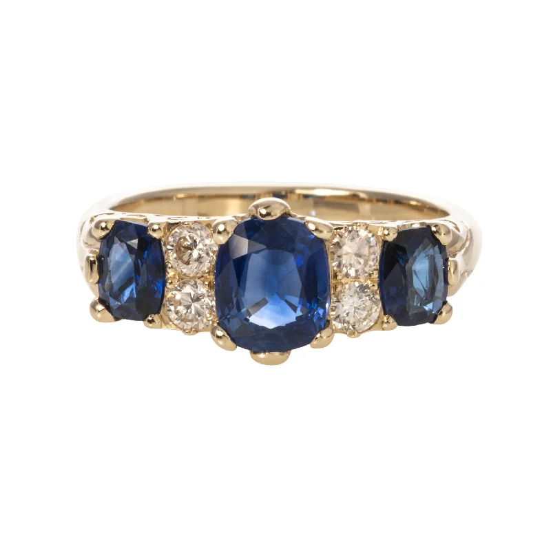 Premium Jewelry Now Available At Special Discounts Victorian Style 3-Stone Sapphire & Diamond 14K Gold Ring