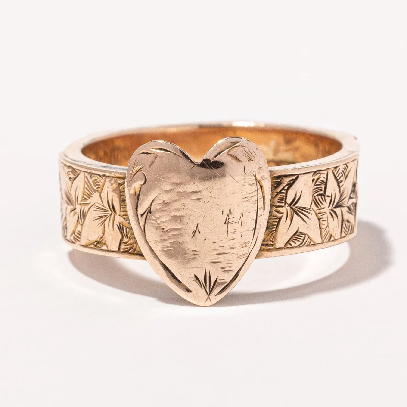 Limited-Stock Jewelry Sale – Once It's Gone, It's Gone 1884 Victorian 9k Heart Ring with Hand Carving and Blue Ribbon | SZ 5.75 |
