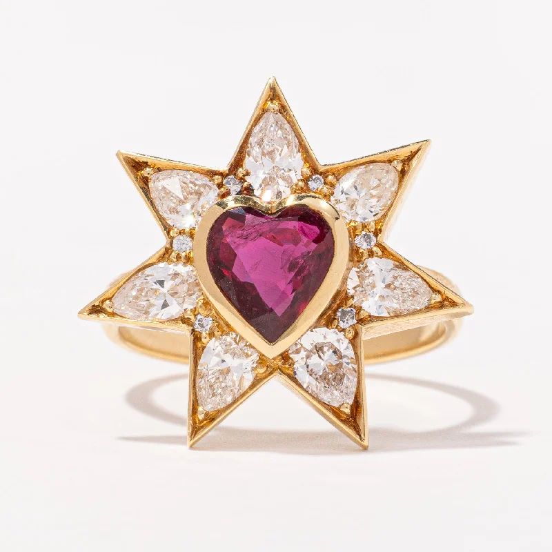 Discounted Jewelry For A Glamorous Look Unheated Heart Ruby and Diamond Star Ring | 1.43ctw, 1.30ct | SZ 7.5 |