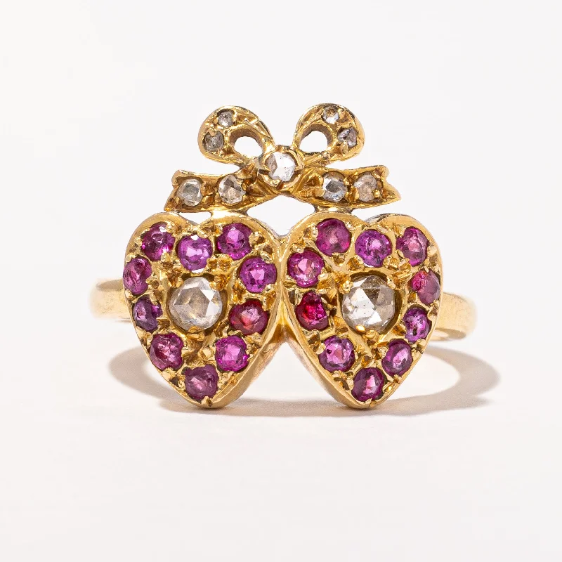 Fashion-Forward Jewelry At Incredible Prices Victorian Ruby & Rose Cut Diamond Double Heart & Bow Ring | 0.50ctw, 0.24ctw | SZ 5.5 |