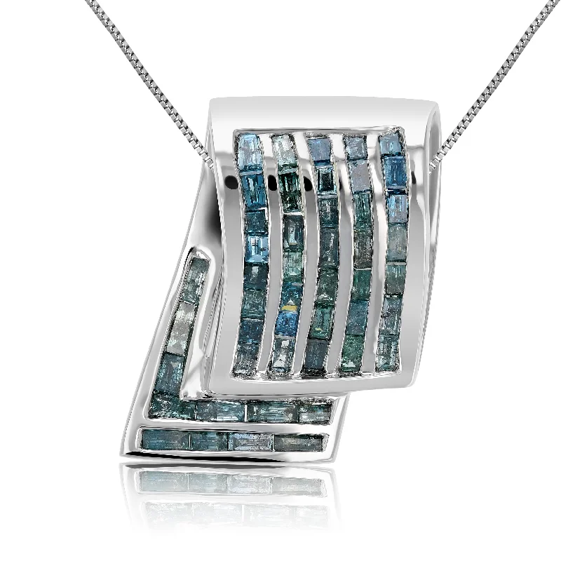 Celebrate Every Occasion With Sparkling Savings 2.30 cttw Blue Diamond Baguette Pendant Necklace 14K White Gold with 18 Inch Chain