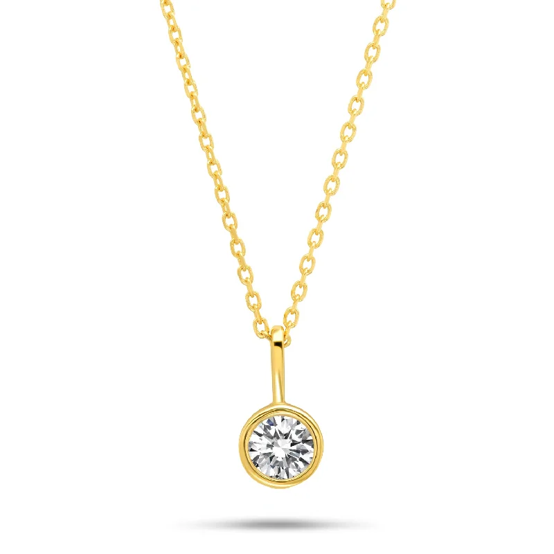 14k White or Yellow Gold Solitaire Bezel Pendant Necklace with Cubic Zirconia and 18 Inch Adjustable Chain