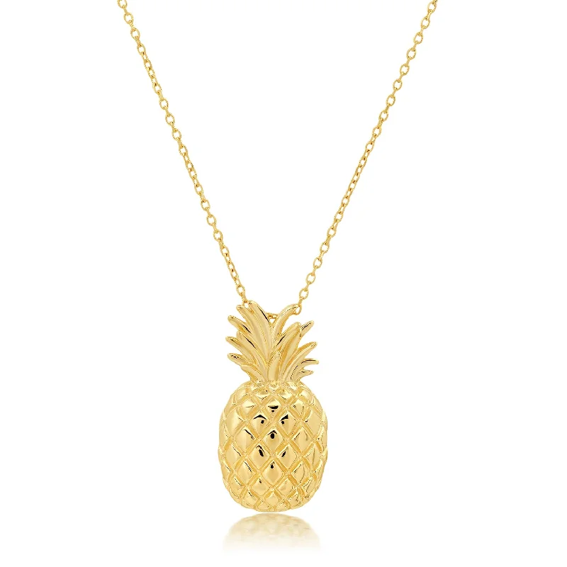 14K Yellow Gold Pineapple Pendant Necklace with Cable Chain and 2 inch Extension